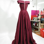 Load image into Gallery viewer, Long Burgundy Satin Evening Gowns Off The Shoulder Prom Dresses 2018
