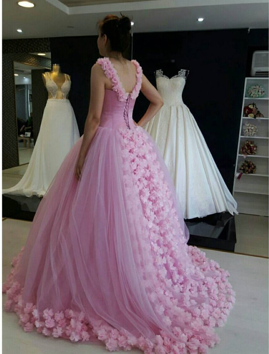 Spaghetti Straps Pink Flower Ball Gowns Quinceanera Dresses Bodice Corset