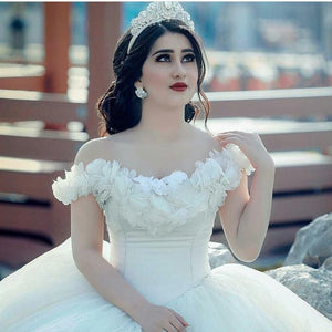 V Neck Off The Shoulder Tulle Ball Gown Wedding Dresses 2018