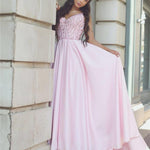 Load image into Gallery viewer, Pretty Pink Satin Evening Gowns Beaded V Neck Long Prom Dresses 2018
