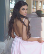 Load image into Gallery viewer, Pretty Pink Satin Evening Gowns Beaded V Neck Long Prom Dresses 2018
