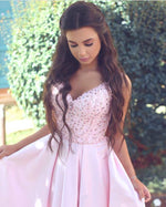 Load image into Gallery viewer, Pretty Pink Satin Evening Gowns Beaded V Neck Long Prom Dresses 2018

