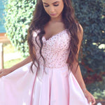 Load image into Gallery viewer, Pretty Pink Satin Evening Gowns Beaded V Neck Long Prom Dresses 2018
