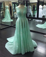 Load image into Gallery viewer, Boat Neck Cap Sleeves Lace Prom Dresses 2018 See Through Evening Gowns
