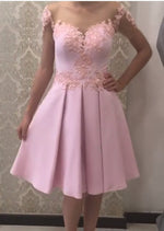 Cargar imagen en el visor de la galería, Cute A Line Satin Cap Sleeves Homecoming Dresses Lace Appliques
