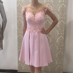 Cargar imagen en el visor de la galería, Cute A Line Satin Cap Sleeves Homecoming Dresses Lace Appliques
