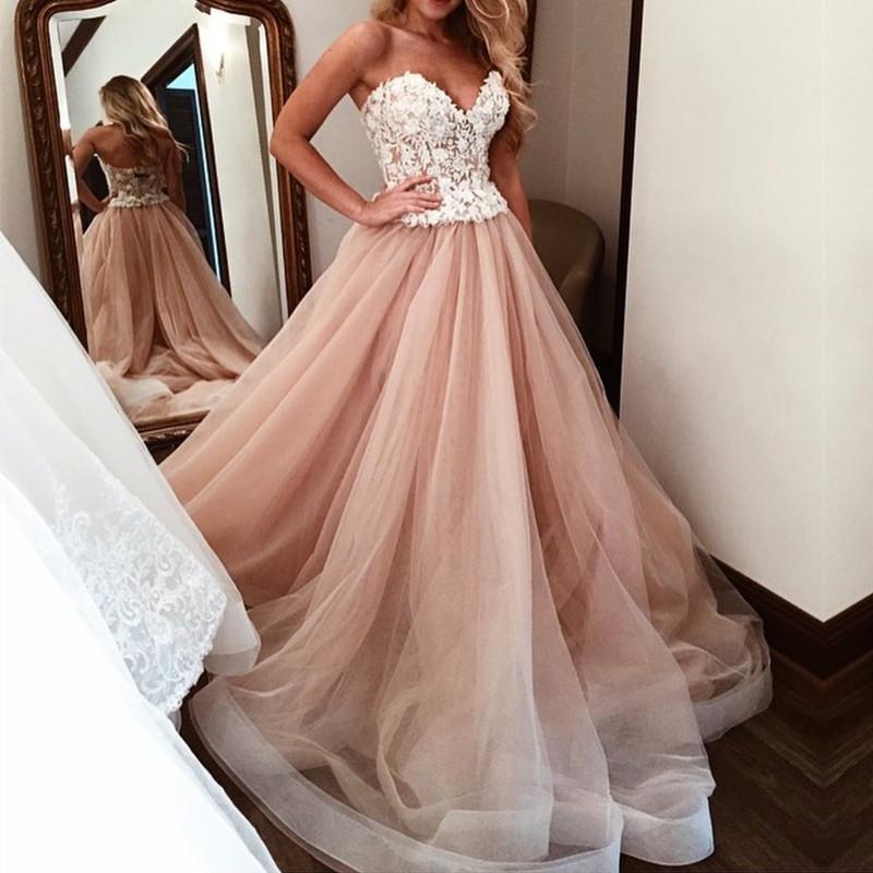 Ivory Lace Sweetheart Bodice Corset Champagne Tulle Wedding Dresses 2018
