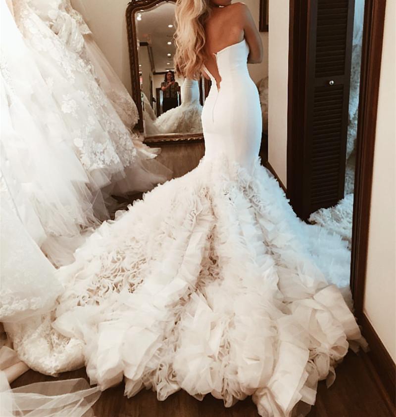 Sexy Sweetheart Bodice Corset Satin Mermaid Wedding Dresses Organza Ruffles
