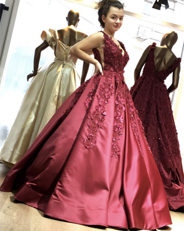 3D Flowers Embroidery V-neck Satin Ball Gowns Prom Dresses