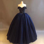 Cargar imagen en el visor de la galería, Bling Bling Crystal Beaded Bodice Corset Navy Blue Ball Gowns Wedding Dresses Off The Shoulder
