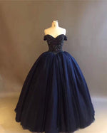 Load image into Gallery viewer, Bling Bling Crystal Beaded Bodice Corset Navy Blue Ball Gowns Wedding Dresses Off The Shoulder
