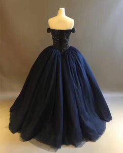 Bling Bling Crystal Beaded Bodice Corset Navy Blue Ball Gowns Wedding Dresses Off The Shoulder
