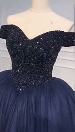 Load image into Gallery viewer, Bling Bling Crystal Beaded Bodice Corset Navy Blue Ball Gowns Wedding Dresses Off The Shoulder
