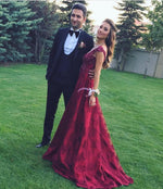 Load image into Gallery viewer, Modest Lace Cap Sleeves Long Burgundy Satin Prom Gowns 2019
