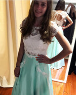 Load image into Gallery viewer, White Lace Crop Floor Length Satin Two Piece Prom Dresses

