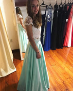 Load image into Gallery viewer, White Lace Crop Floor Length Satin Two Piece Prom Dresses
