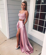 Load image into Gallery viewer, Elegant Lace Crop Split Satin Skirt Two Piece Prom Dresses
