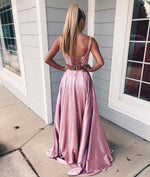 Load image into Gallery viewer, Elegant Lace Crop Split Satin Skirt Two Piece Prom Dresses
