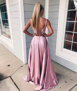 Elegant Lace Crop Split Satin Skirt Two Piece Prom Dresses
