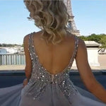 Load image into Gallery viewer, Sequins Beaded V Neck Gray Tulle V Neck Long Evening Gowns
