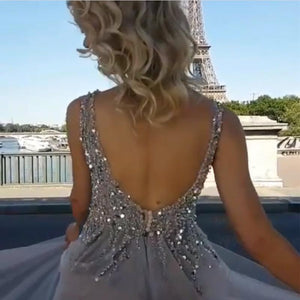 Sequins Beaded V Neck Gray Tulle V Neck Long Evening Gowns