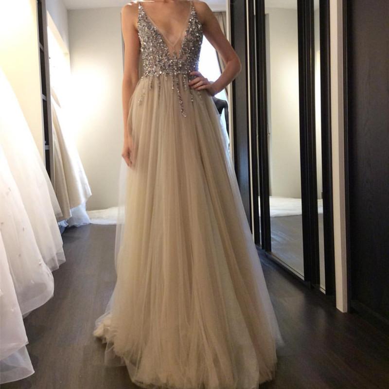 Deep V Neck Long Nude Tulle Prom Dresses 2018 Beaded Evening Gowns