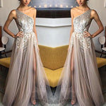 Cargar imagen en el visor de la galería, Bling Bling Sequins Beaded One Shoulder Tulle Split Evening Gowns
