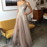 Load image into Gallery viewer, Bling Bling Sequins Beaded One Shoulder Tulle Split Evening Gowns
