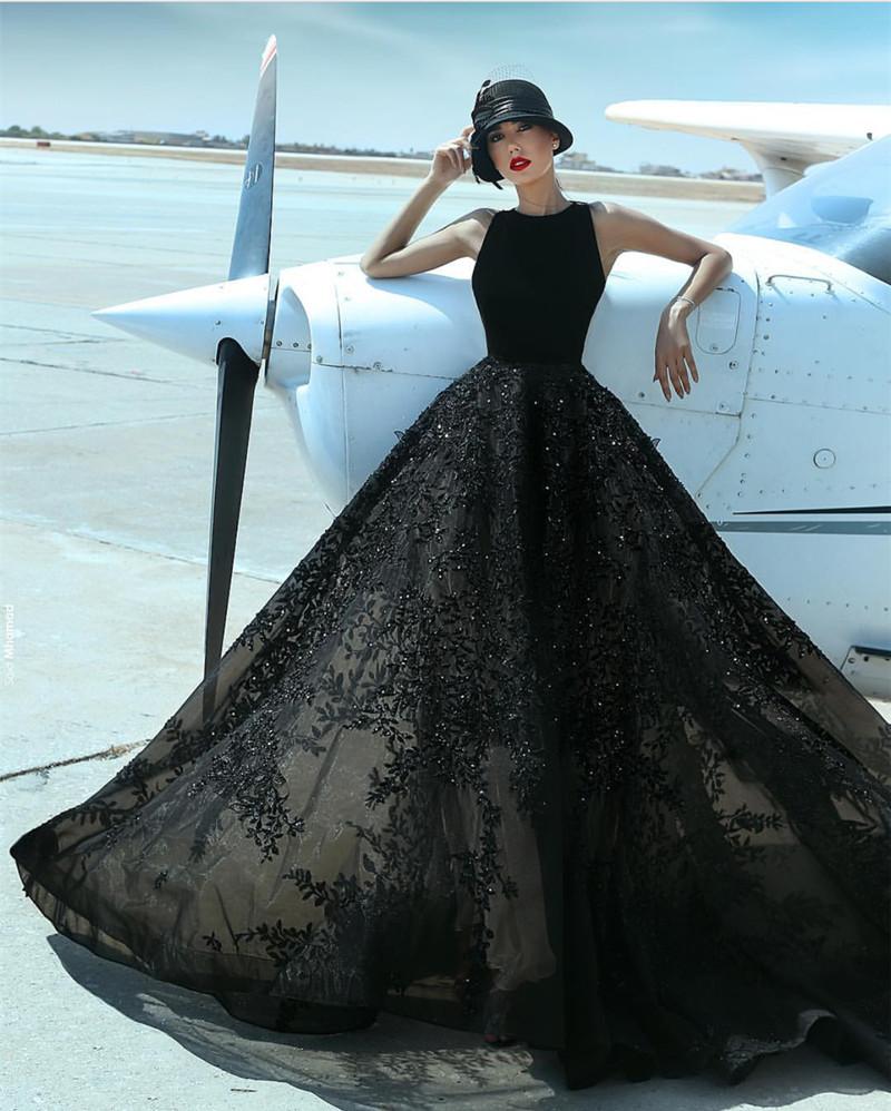 Elegant A Line Black Lace Floor Length Prom Dresses