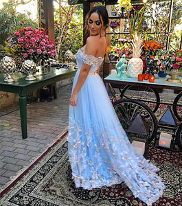 Light Blue Tulle Off The Shoulder Evening Gowns Lace Embroidery Prom Dresses
