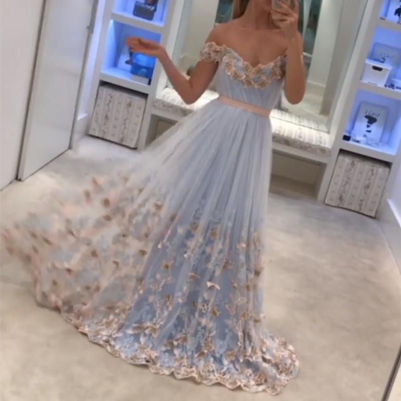 Light Blue Tulle Off The Shoulder Evening Gowns Lace Embroidery Prom Dresses