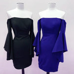 Load image into Gallery viewer, Off The Shoulder Satin Sheath Homecoming Dresses With Puffy Sleeves
