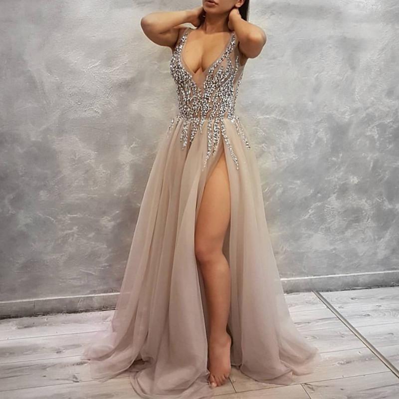 Sexy Deep V Neck Long Tulle Slit Prom Dresses 2018 Beaded Evening Gowns