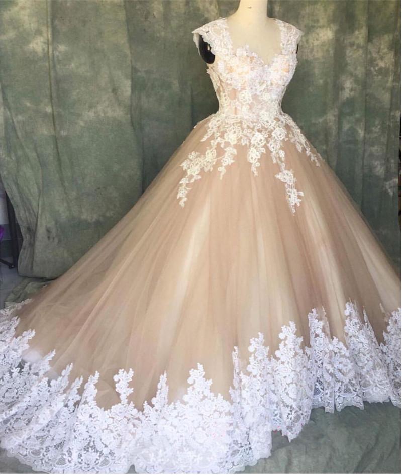 A Line Ivory Lace Cap Sleeves Tulle Champagne Wedding Dresses