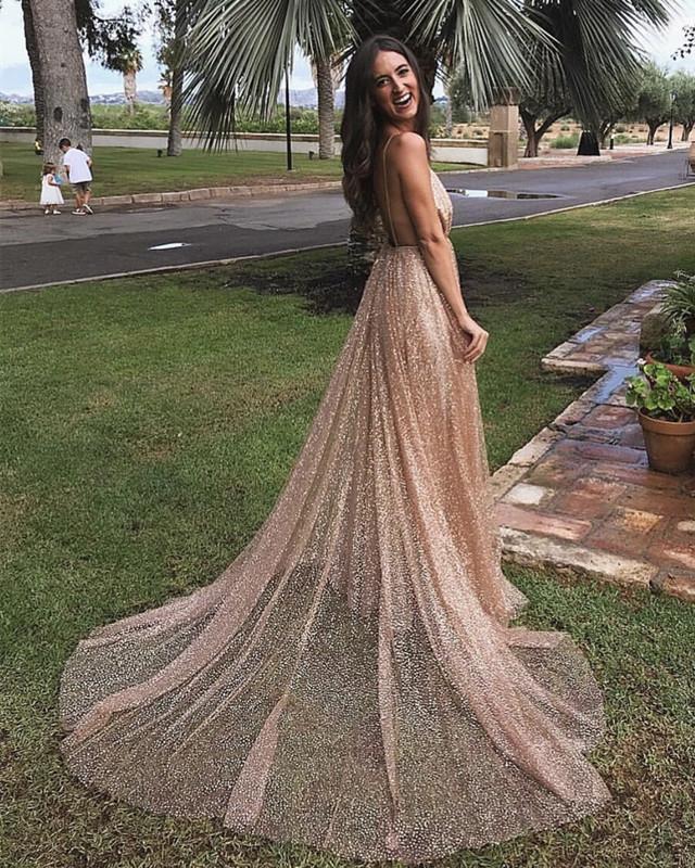 Long Sequins Evening Dresses Plunge V-neck Prom Gowns