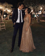 Load image into Gallery viewer, Long Sequins Evening Dresses Plunge V-neck Prom Gowns
