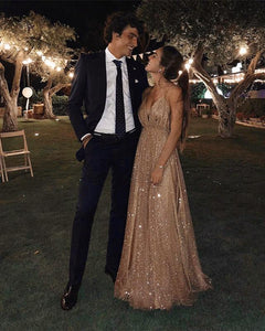 Long Sequins Evening Dresses Plunge V-neck Prom Gowns