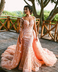 Peach Lace Long Sleeves Mermaid Prom Dresses Removable Skirt