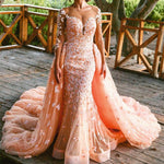Load image into Gallery viewer, Peach Lace Long Sleeves Mermaid Prom Dresses Removable Skirt
