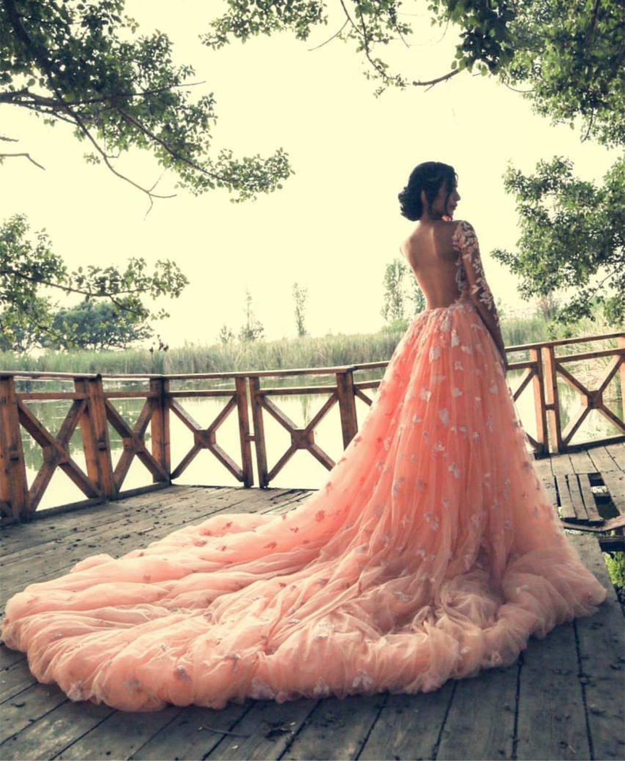 Peach Lace Long Sleeves Mermaid Prom Dresses Removable Skirt