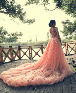 Peach Lace Long Sleeves Mermaid Prom Dresses Removable Skirt