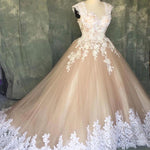 Load image into Gallery viewer, A Line Ivory Lace Cap Sleeves Tulle Champagne Wedding Dresses
