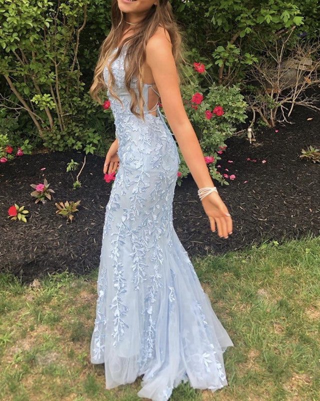 Light Blue Tulle Mermaid Prom Dresses 2020