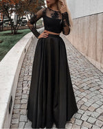 Load image into Gallery viewer, Lace Long Sleeves Satin Prom Dresses Two Piece
