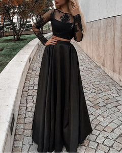 Lace Long Sleeves Satin Prom Dresses Two Piece