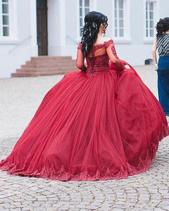 Burgundy Quinceanera Dresses Ball Gown Lace Long Sleeves