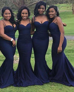 Load image into Gallery viewer, Navy-Blue-Bridesmaid-Dress-Mermaid-Spaghetti-Straps-Formal-Satin-Gown
