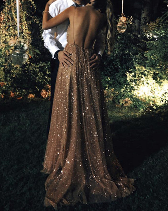 Long Sequins Prom Dresses Open Back Plunge Evening Gown