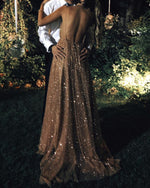Load image into Gallery viewer, Long Sequins Prom Dresses Open Back Plunge Evening Gown
