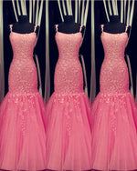 Load image into Gallery viewer, Hot Pink Lace Prom Dresses Mermaid
